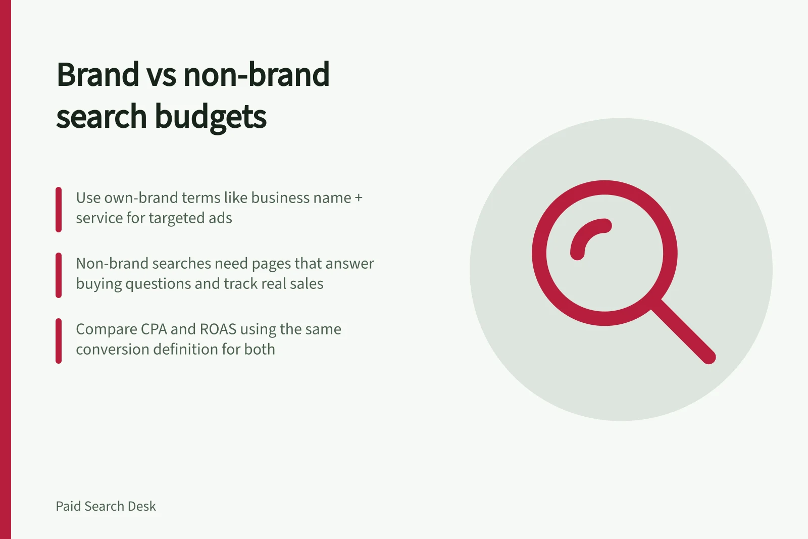 Brand vs non-brand search budgets: Use own-brand terms like business name + service for targeted ads; Non-brand searches need pages that answer buying questions and track real sales; Compare CPA and ROAS using the same conversion definition for both