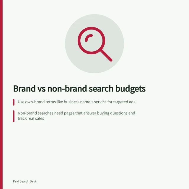 Brand vs non-brand search budgets: Use own-brand terms like business name + service for targeted ads; Non-brand searches need pages that answer buying questions and track real sales; Compare CPA and ROAS using the same conversion definition for both. Brand search versus non-brand acquisition