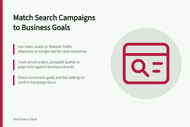 Match Search Campaigns to Business Goals: Use Sales, Leads or Website Traffic objectives in Google Ads for clear outcomes; Track actual orders, accepted quotes or page visits against business records; Check conversion goals and bid settings to confirm campaign focus. Choosing search campaigns by commercial objective