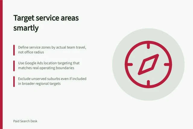 Target service areas smartly: Define service zones by actual team travel, not office radius; Use Google Ads location targeting that matches real operating boundaries; Exclude unserved suburbs even if included in broader regional targets. Choosing service areas without buying irrelevant regional traffic