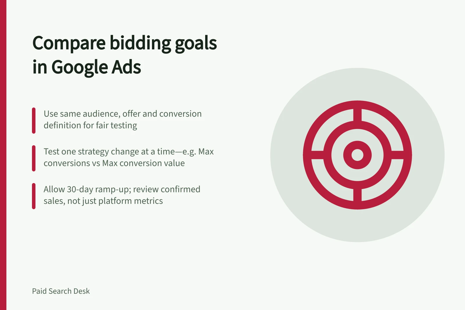 Compare bidding goals in Google Ads: Use same audience, offer and conversion definition for fair testing; Test one strategy change at a time—e.g. Max conversions vs Max conversion value; Allow 30-day ramp-up; review confirmed sales, not just platform metrics