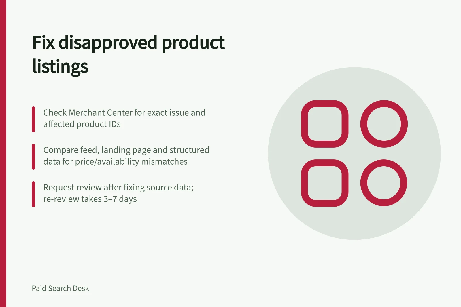 Fix disapproved product listings: Check Merchant Center for exact issue and affected product IDs; Compare feed, landing page and structured data for price/availability mismatches; Request review after fixing source data; re-review takes 3–7 days