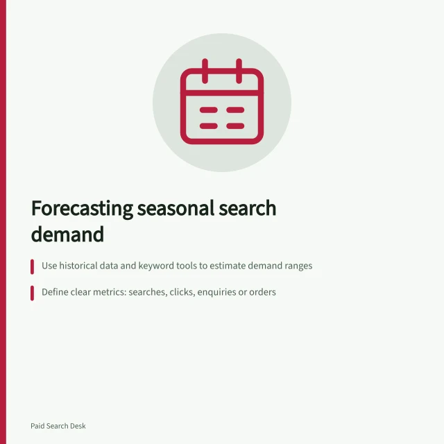 Forecasting seasonal search demand: Use historical data and keyword tools to estimate demand ranges; Define clear metrics: searches, clicks, enquiries or orders; Adjust forecasts as the event approaches based on early signals. Forecasting seasonal search demand without inventing precision