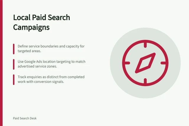 Local Paid Search Campaigns: Define service boundaries and capacity for targeted areas.; Use Google Ads location targeting to match advertised service zones.; Track enquiries as distinct from completed work with conversion signals. Local paid search campaigns
