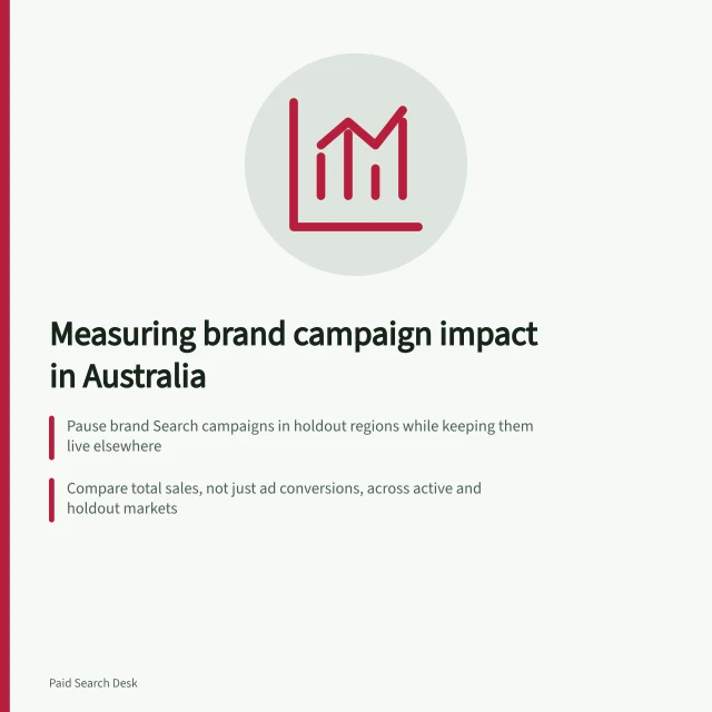 Measuring brand campaign impact in Australia: Pause brand Search campaigns in holdout regions while keeping them live elsewhere; Compare total sales, not just ad conversions, across active and holdout markets; Use A/A validation to confirm similar pre-test performance before pausing ads. Measuring whether a brand campaign adds incremental demand
