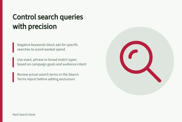 Control search queries with precision: Negative keywords block ads for specific searches to avoid wasted spend; Use exact, phrase or broad match types based on campaign goals and audience intent; Review actual search terms in the Search Terms report before adding exclusions. Negative keywords and query control