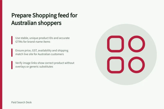 Prepare Shopping feed for Australian shoppers: Use stable, unique product IDs and accurate GTINs for brand-name items; Ensure price, GST, availability and shipping match live site for Australian customers; Verify image links show correct product without overlays or generic substitutes. Preparing a product feed for paid shopping traffic