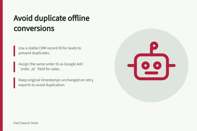 Avoid duplicate offline conversions: Use a stable CRM record ID for leads to prevent duplicates.; Assign the same order ID as Google Ads' `order_id` field for sales.; Keep original timestamps unchanged on retry exports to avoid duplication. Preventing duplicate offline conversions