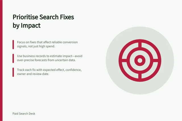 Prioritise Search Fixes by Impact: Focus on fixes that affect reliable conversion signals, not just high spend.; Use business records to estimate impact—avoid over-precise forecasts from uncertain data.; Track each fix with expected effect, confidence, owner and review date. Prioritising paid search fixes by expected business impact