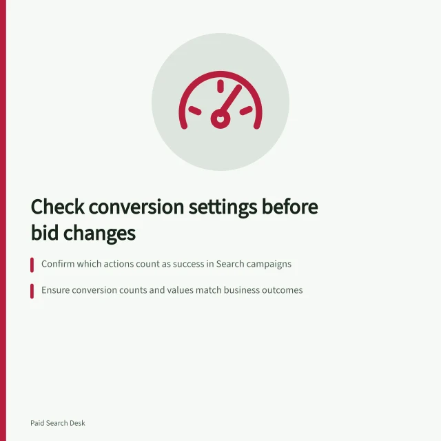 Check conversion settings before bid changes: Confirm which actions count as success in Search campaigns; Ensure conversion counts and values match business outcomes; Audit tracking status, window, and attribution rules. Reviewing conversion settings before changing bids