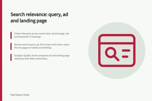 Search relevance: query, ad and landing page: Check relevance across search term, ad and page, not just keywords in headings.; Review search query, ad, first screen and action; open the live page on mobile and desktop.; Google's Quality Score compares ad and landing page relevance with other advertisers. Search landing-page relevance