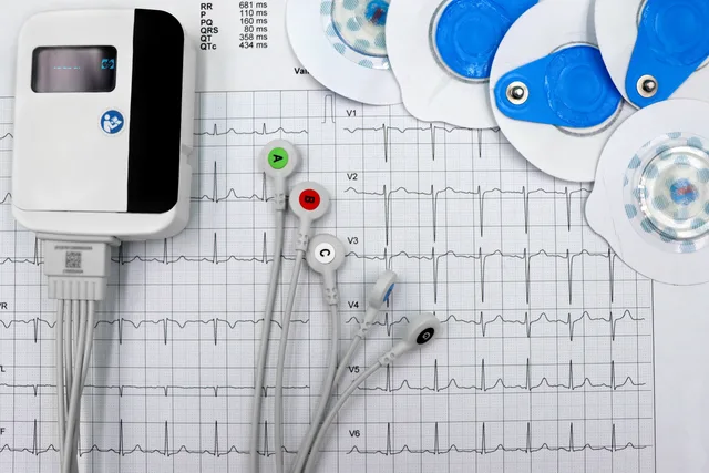Close-up of ECG device with leads and electrodes on printed heart rate graph, showcasing medical technology. Separating lead volume from lead acceptance