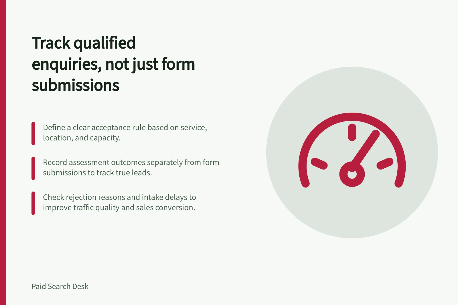 Track qualified enquiries, not just form submissions: Define a clear acceptance rule based on service, location, and capacity.; Record assessment outcomes separately from form submissions to track true leads.; Check rejection reasons and intake delays to improve traffic quality and sales conversion.