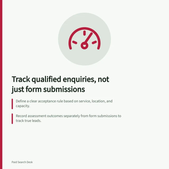 Track qualified enquiries, not just form submissions: Define a clear acceptance rule based on service, location, and capacity.; Record assessment outcomes separately from form submissions to track true leads.; Check rejection reasons and intake delays to improve traffic quality and sales conversion. Tracking qualified enquiries rather than every form submission