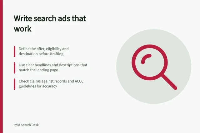 Write search ads that work: Define the offer, eligibility and destination before drafting; Use clear headlines and descriptions that match the landing page; Check claims against records and ACCC guidelines for accuracy. Writing useful search advertisements